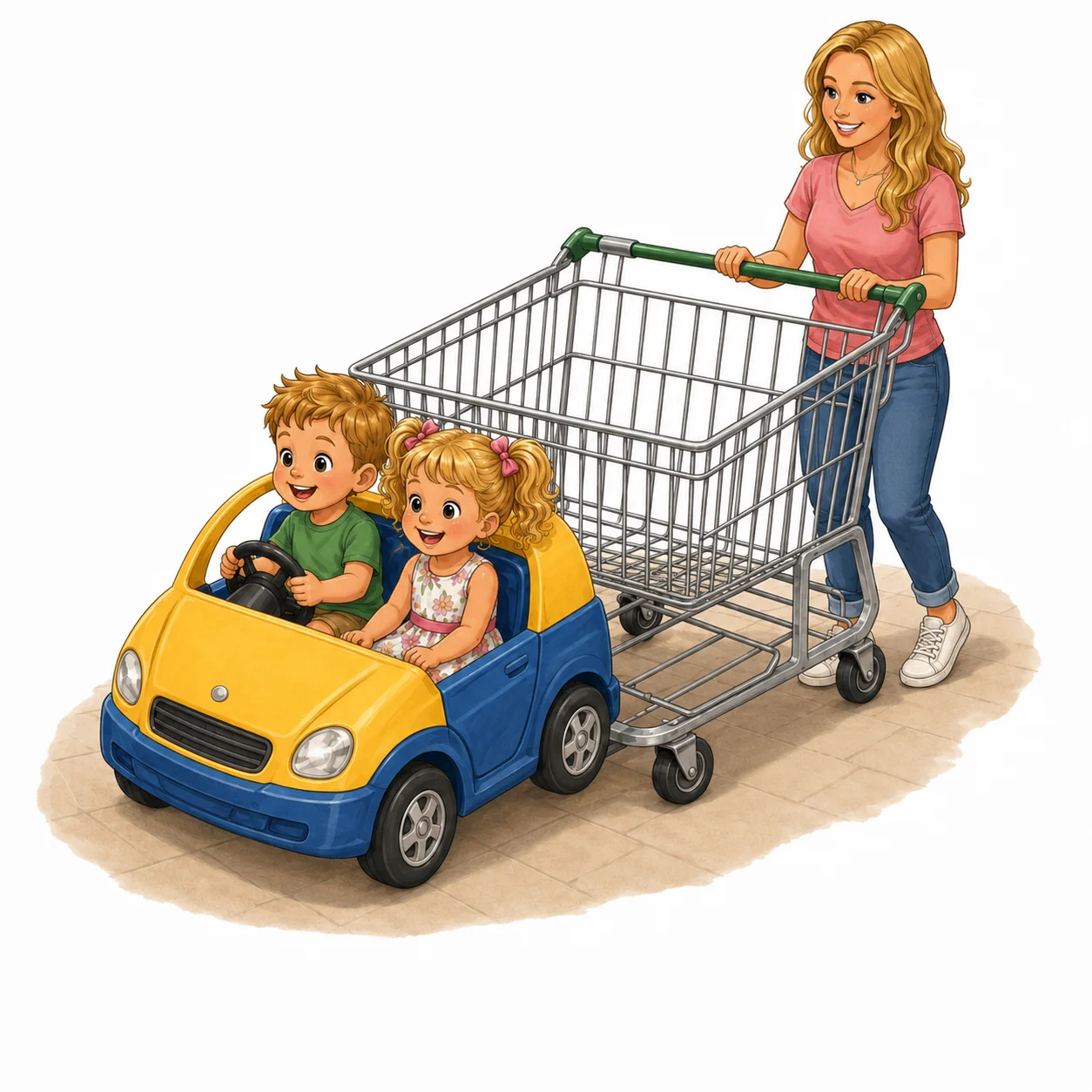 Mommy pushing the car cart while the Littles drive and the Bigs help shop.