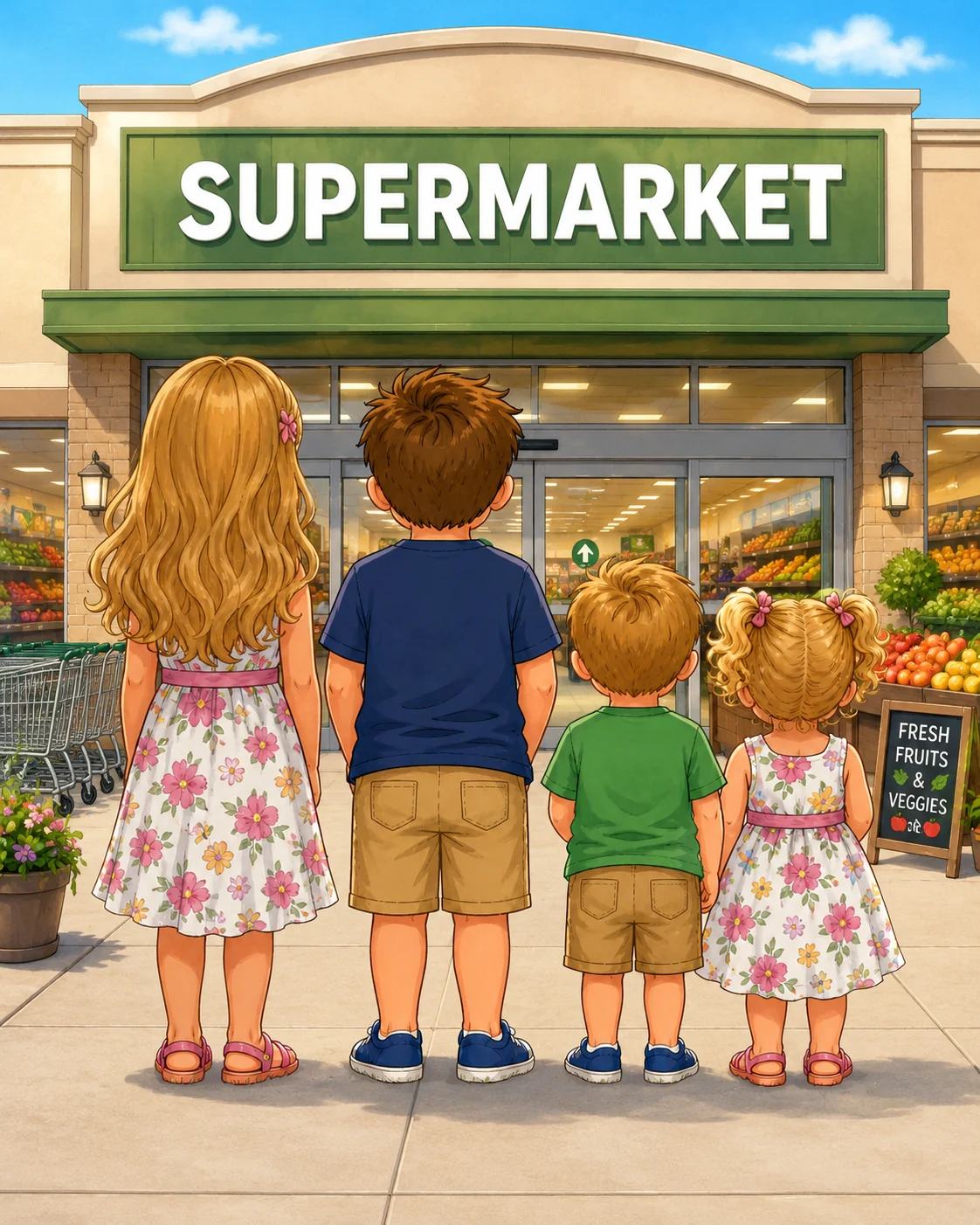 The Bigs and Littles standing outside the supermarket, ready for a shopping adventure.